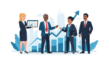 A diverse business team analyzes financial growth charts and reports, presenting a successful strategy for teamwork and investment planning in a corporate environment. Team leadership is key. 