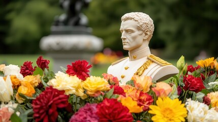 Flags and flowers surrounding a statue of a soldier, honoring military sacrifice