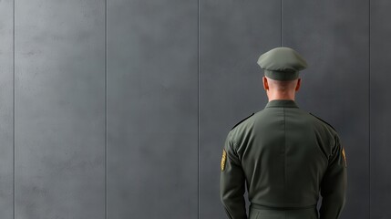 Reflection of veteran in military uniform looking at memorial wall