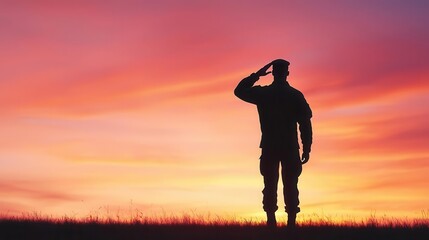 Silhouette of soldier saluting at sunset, patriotic symbol for Veterans Day