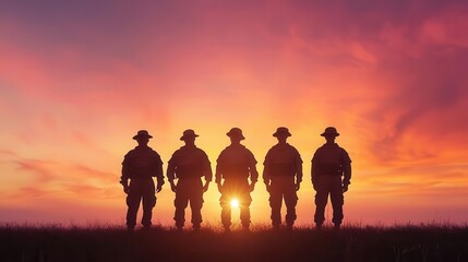 Silhouette of veterans at sunset, united in remembrance and patriotism