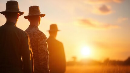 Silhouette of veterans at sunset, united in remembrance and patriotism