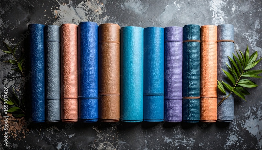 Poster diverse array of yoga mats displayed in a dynamic flat lay on a stone background