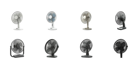 Electric Fan Collection: A compilation of electric fans are aligned on a white background, showcasing various colors from light grey to black