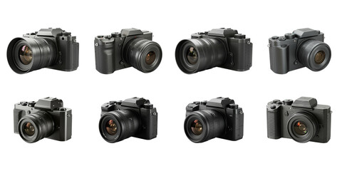 Eight Digital Cameras: A collection of eight sleek, professional-grade digital cameras showcasing various lens configurations and styles, perfect for illustrating photography equipment or technology.