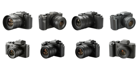 Eight Digital Cameras: A collection of eight sleek, professional-grade digital cameras showcasing various lens configurations and styles, perfect for illustrating photography equipment or technology.