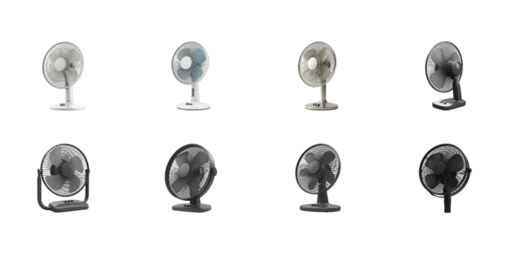 Electric Fan Collection: A compilation of electric fans are aligned on a white background, showcasing various colors from light grey to black