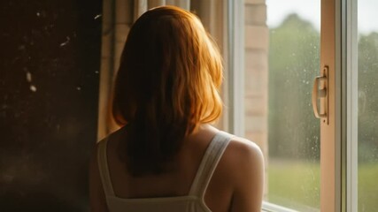 Redhead gazing out dusty window - Powered by Adobe
