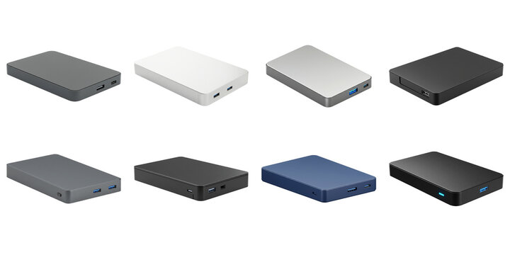 Data Storage Devices: A collection of modern external hard drives showcase diverse colors, designs, and sleek, minimalist aesthetics.