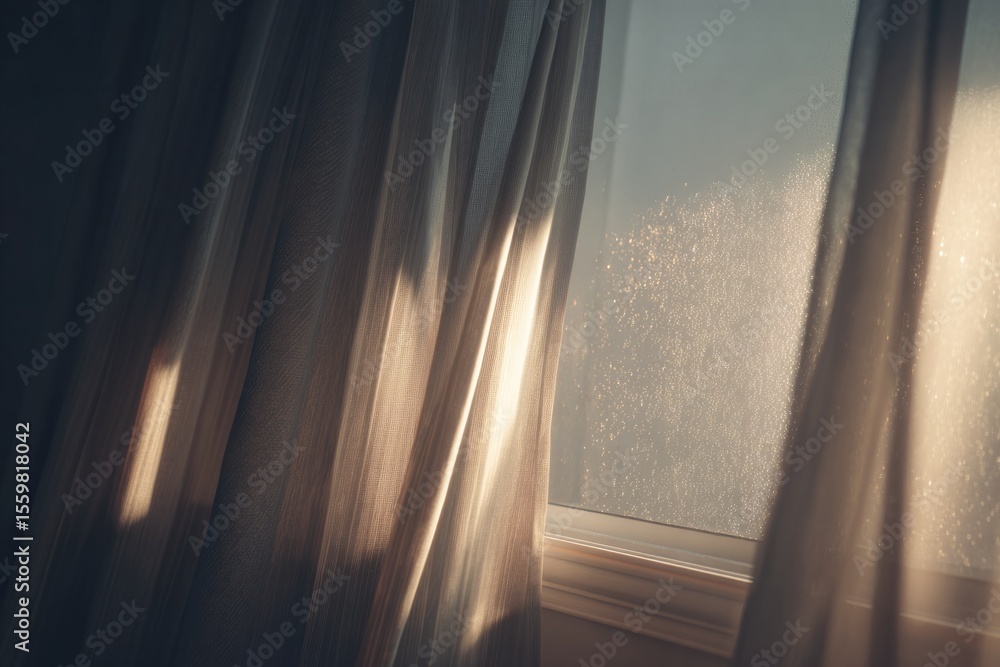 Poster sunlight filters through sheer curtains, creating serene and dre