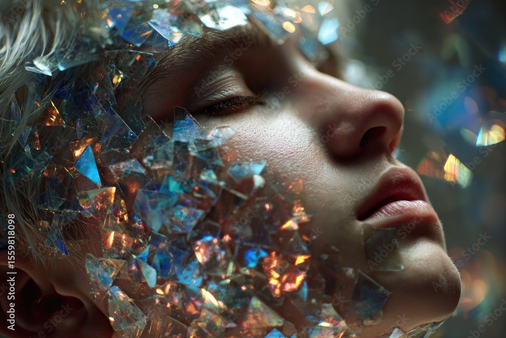 Poster soft light reflects off fragmented shards, creating mesmerizing,