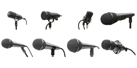 Variety of Microphones: A collection of microphones showcasing diverse designs and purposes, ready to capture sound.