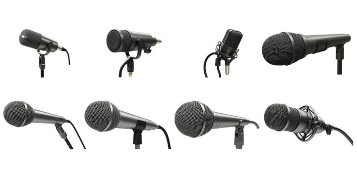 Variety of Microphones: A collection of microphones showcasing diverse designs and purposes, ready to capture sound.
