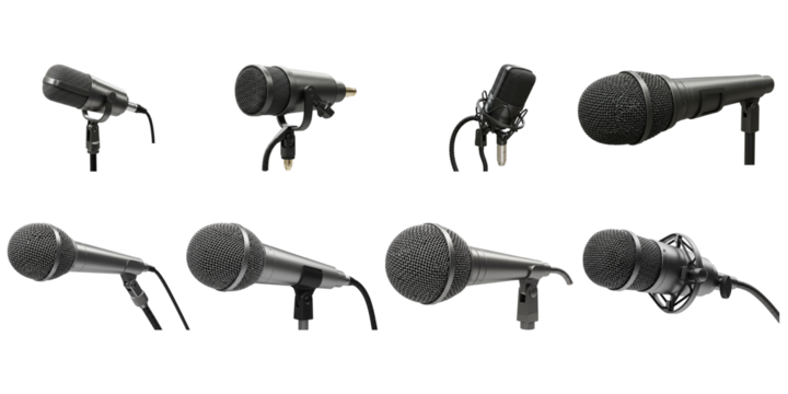 Variety of Microphones: A collection of microphones showcasing diverse designs and purposes, ready to capture sound.