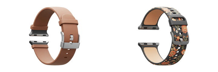 Stylish Smartwatch Bands: Two exquisite smartwatch bands, one a supple leather strap in a warm tone, the other adorned with a chic pattern, are displayed in a sophisticated product shot.