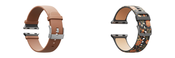 Stylish Smartwatch Bands: Two exquisite smartwatch bands, one a supple leather strap in a warm tone, the other adorned with a chic pattern, are displayed in a sophisticated product shot.