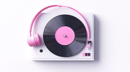 Aesthetic vinyl record player with pink accents and matching headphones on display