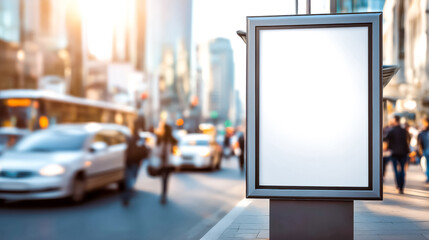 A blank advertisement billboard stands in a busy urban setting, surrounded by bustling traffic and pedestrians during the day.