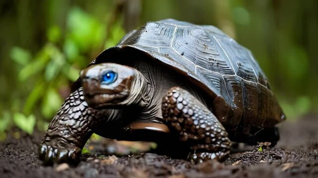 A tortoise with a textured shell and bright blue eyes, crawling on the ground surrounded by green foliage.
