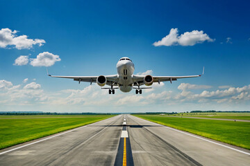 Fototapeta premium Airplane taking off from airport runway against a bright blue sky with clouds