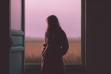 minimalist photograph of person standing by window soft light illuminating scene