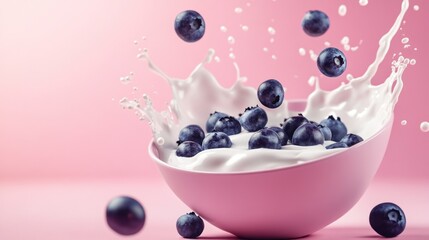 Blueberries delight in yogurt splash on soft pink background, healthy breakfast