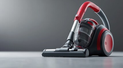 Sleek modern canister vacuum cleaner standing in a studio against gray backdrop