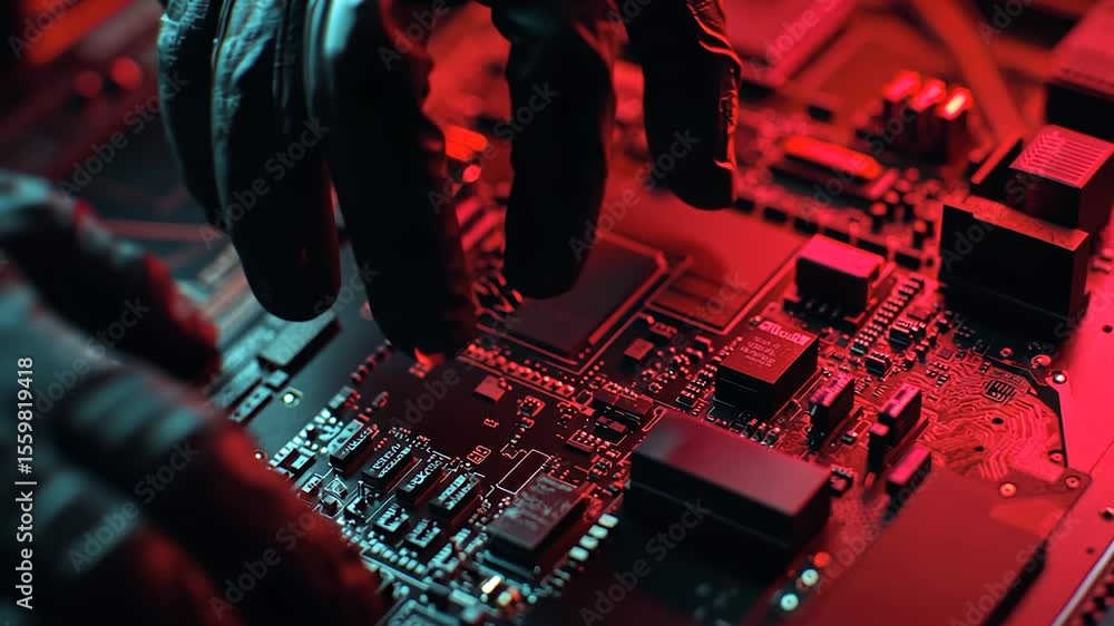 Aufkleber hands in black gloves working on a circuit board.