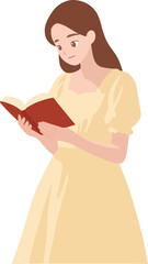 Long haired girl in dress reading a book illustration isolated transparent background editable vector