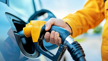 Fuel nozzle hand car refueling gas station energy transportation closeup yellow black outdoor concept vehicle travel service modern technology efficiency environment economy power automobile sunlight - Powered by Adobe