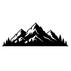Black silhouette of mountain range with pine trees on white background  