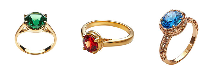 Beautiful gold rings with precious stone set isolated on transparent background PNG