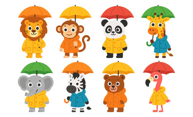 Obraz premium Charming cartoon animals with colorful umbrellas and raincoats in playful style