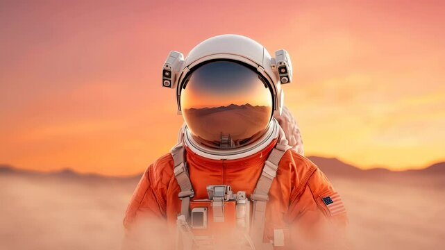 Astronaut space suit orange helmet visor desert sunset reflection exploration adventure futuristic science technology solitude inspiring landscape mission dust sky horizon travel discovery innovation