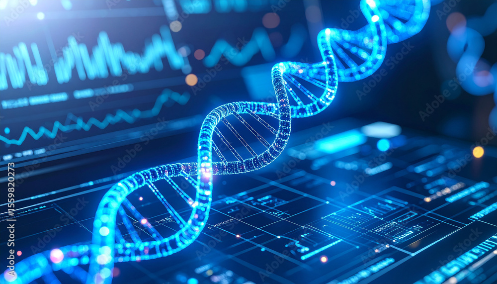 Poster dna helix: illuminated dna helix floating in a technological interface, symbolizing the intersection