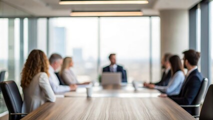 Blurred corporate boardroom scene with professionals seated around meeting table
