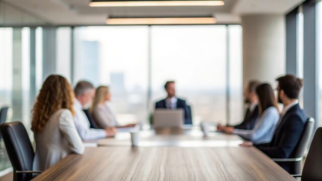Blurred corporate boardroom scene with professionals seated around meeting table

