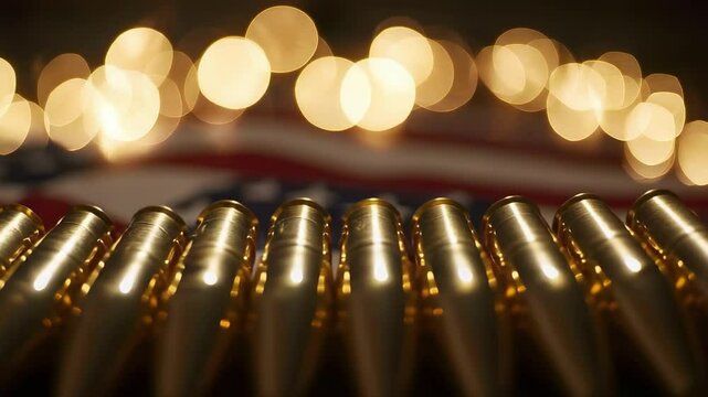 A row of golden bullets is in focus, displayed against a blurred background of lights and a patriotic flag.