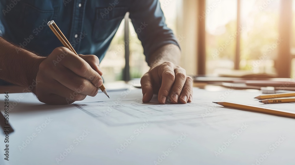 Poster creative professional sketches design concepts using pencil and paper during golden hour in a bright