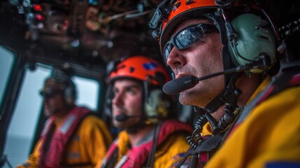 Emergency responders onboard the helicopter communicate via radio coordinating the evacuation process while observing the vessels crew who are visibly relieved as they prepare for extraction.