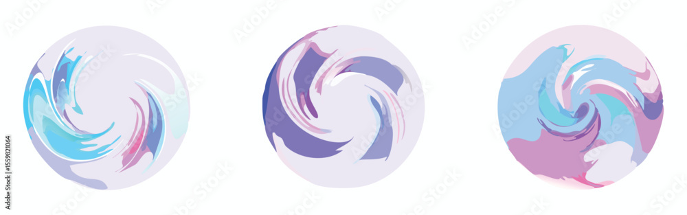Poster vector art of three pastelcolored abstract swirls in circles isolated on white background.