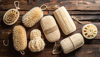 Assorted collection of bath sponges arranged on a wooden background with rich color tones