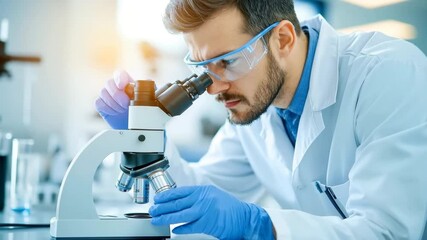 Scientist laboratory microscope research analysis male blue glove safety glasses white coat focused expression modern lab science technology discovery professional healthcare medical experiment - Powered by Adobe