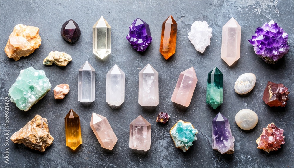 Poster diverse array of crystals in artistic flat lay on stone background with calming hues and light