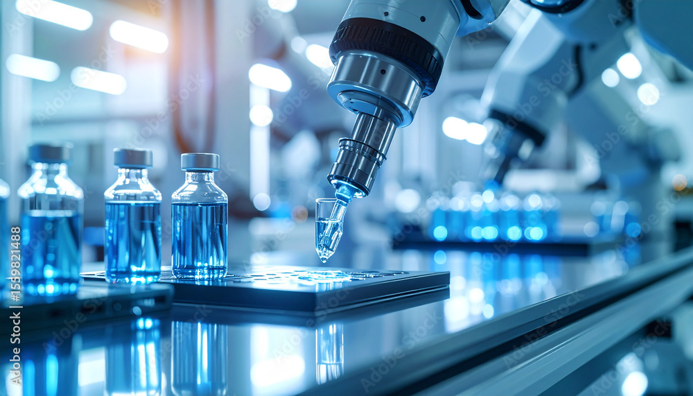 Poster automated precision: in a gleaming laboratory, a robotic arm delicately manipulates a vial, showcasi