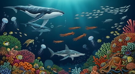 Obraz premium Underwater ocean life with whales shark squid coral reef fish jellyfish and sea turtle scene art