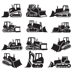 Set of construction machines and equipment vector icons with silhouettes of trucks, bulldozers, tractors, and vessels for industrial and transport illustration