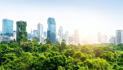 Obraz premium Double exposure of lush green forest and modern skyscraper representing a green city
