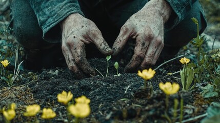 Obraz premium Close up view of hands gently planting seeds in rich earthy soil embracing the rejuvenating spirit of Spring s awakening This serene botanical scene captures the cycle of growth renewal
