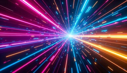 Techno rave-inspired background with pulsating neon lines, glitch effects, and dynamic light trails in bright magenta, electric blue, and neon yellow.